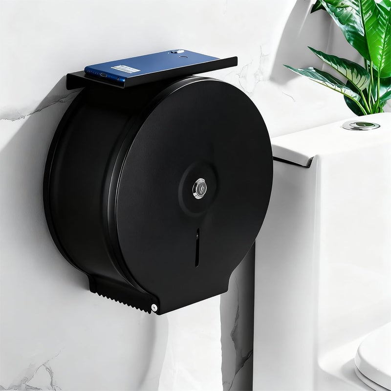 TOBEFORT Commercial Jumbo Toilet Paper Dispenser with Shelf, Black Stainless Steel Toilet Paper Holder Wall Mount, 9 Inch Bathroom Tissue Roll Dispenser with Lock Key - Image 5